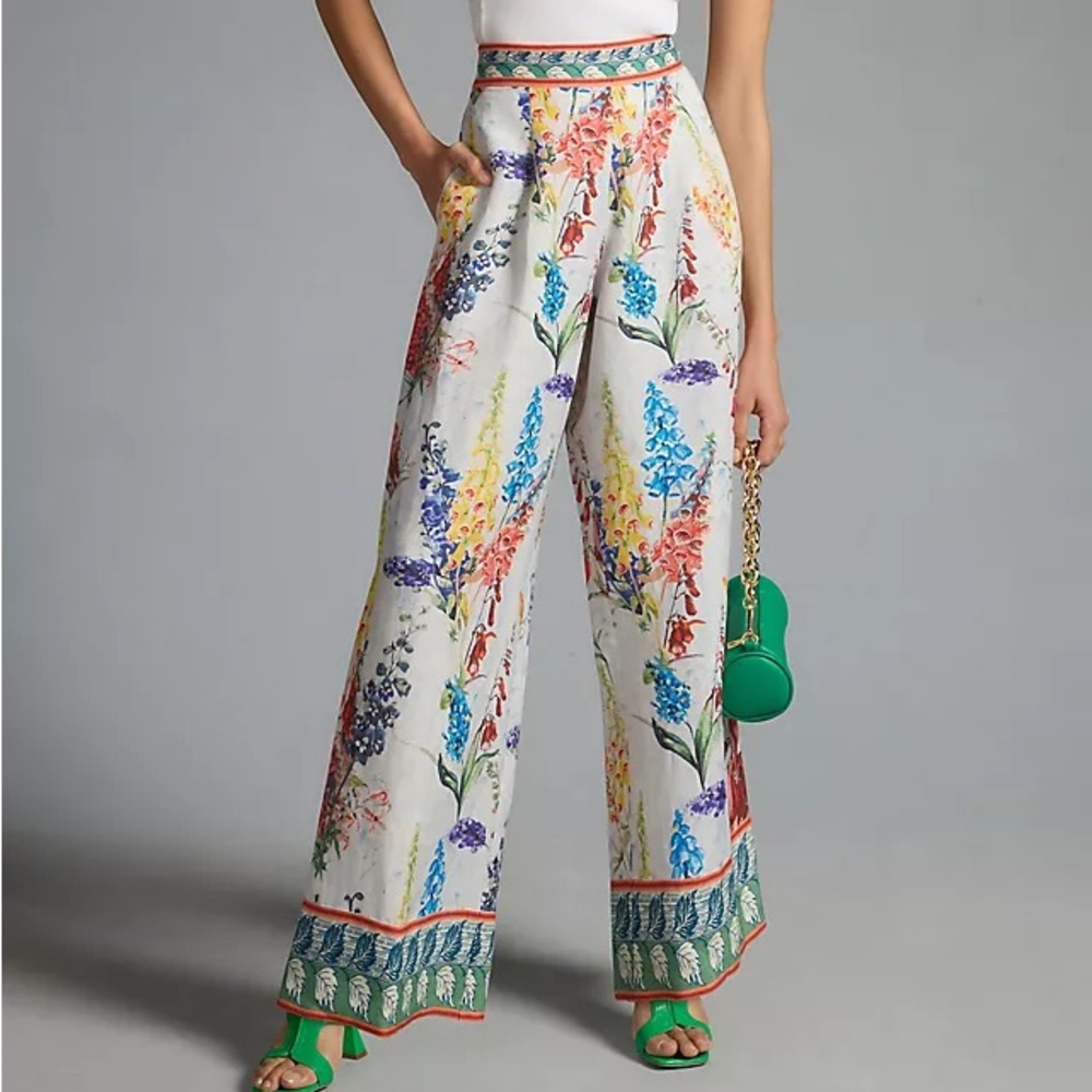 Anthropologie Ranna Gill Floral Printed Wide Leg Linen Blend Pants, Sz M